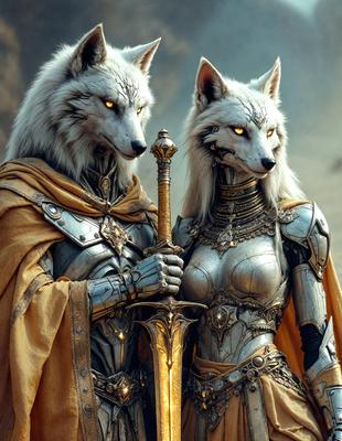 The primary subject of the image is a pair of anthropomorphic wolves, each wearing a suit of armor and holding a sword. They are standing next to each other, creating a sense of camaraderie and strength. The setting is a fantasy world, with the wolves standing on a rocky surface. The visual style is a combination of digital art and illustration, giving the image a unique and detailed appearance. The colors and mood are predominantly dark and dramatic, with the wolves' armor and the sword's design adding to the overall atmosphere.